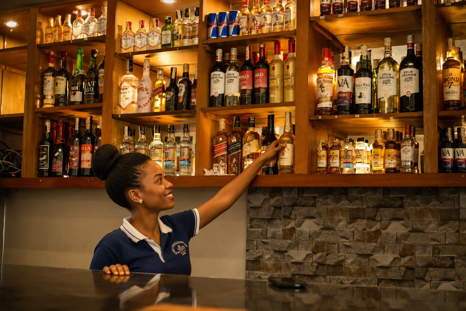 Bar attendant selecting a bottle