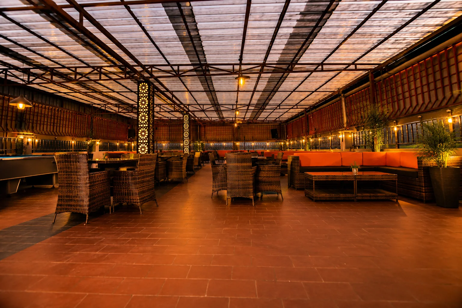 Wide empty rooftop restaurant and lounge